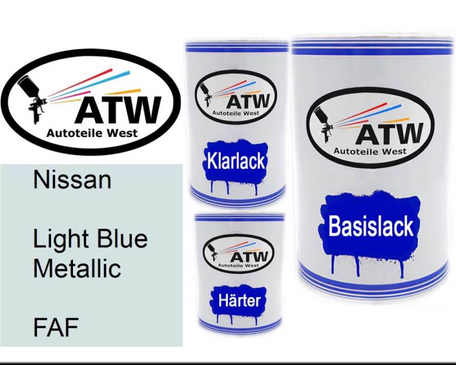 Nissan, Light Blue Metallic, FAF: 500ml Lackdose + 500ml Klarlack + 250ml Härter - Set, von ATW Autoteile West.